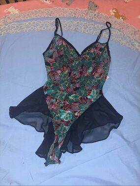 Vintage Floral Lace Trim Sheer Black & Teal Teddy new